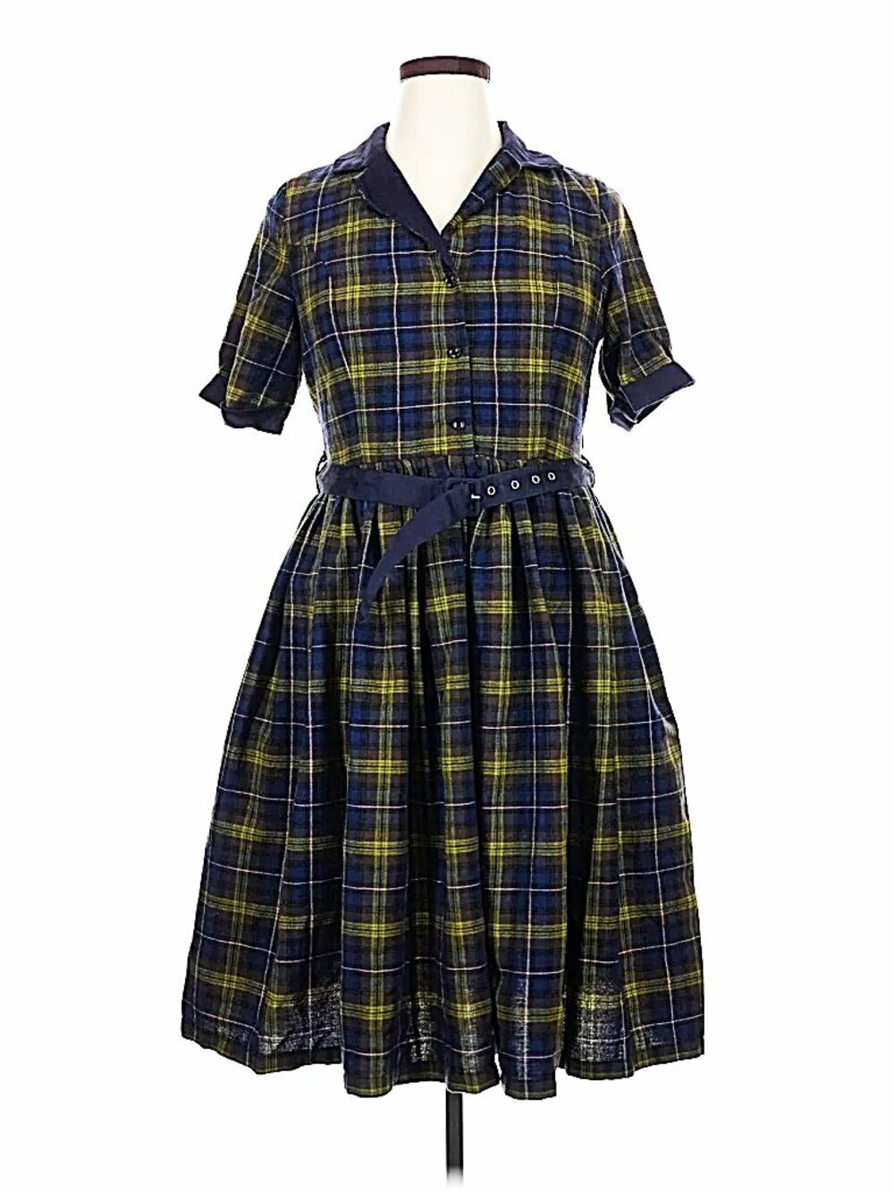 Lindy Bop 'Bletchley' Navy & Green Tartan Check Plaid Vintage Shirt Dress